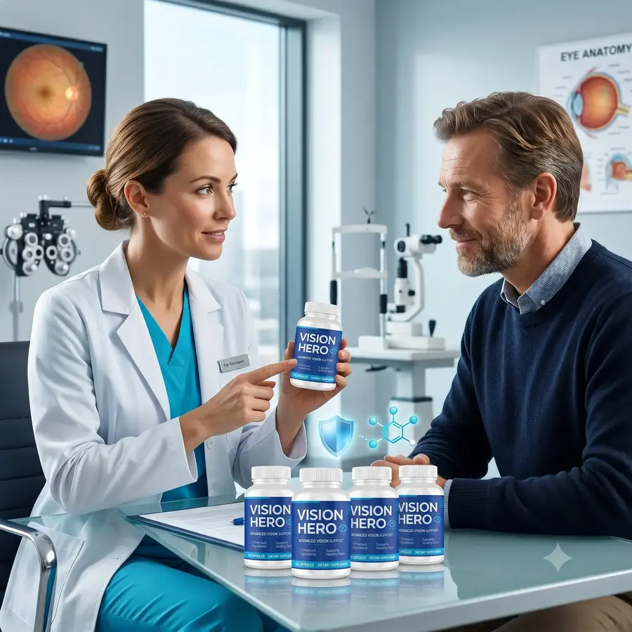 Healthcare professional reviewing Vision Hero supplement details with a patient